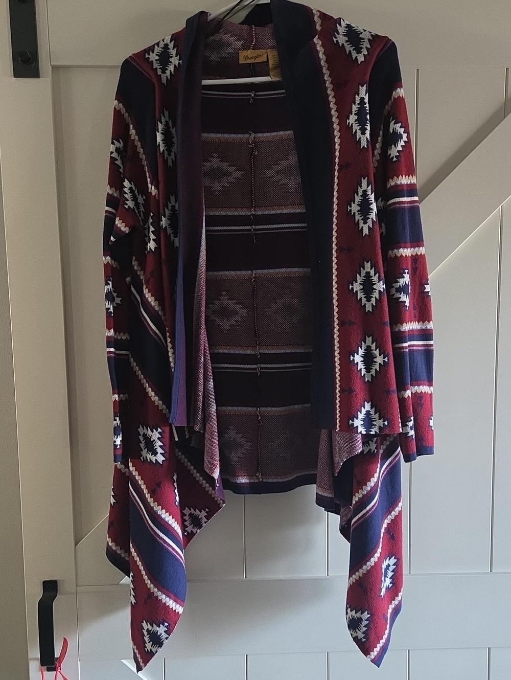 Wrangler Burgundy and Navy Aztec Open-Front Draped Cardigan